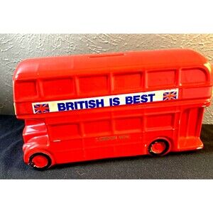 Vintage British Is Best London UK Red Double-Decker Bus Ceramic Coin Bank W/ Cap